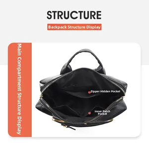 Detail view of the interior structure showing zipper pockets in a black PU leather backpack
