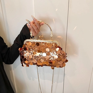 Elegant rose gold sequin evening clutch bag with vintage metal ring handle and chain strap