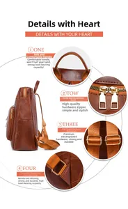 Detailed views of brown leather backpack featuring reinforced straps and durable hardware