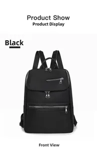 Front view of black Oxford fabric backpack featuring multiple functional zipper pockets