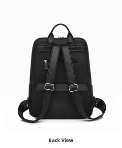 Rear view of black oxford fabric backpack with luggage strap and anti-theft zipper pocket