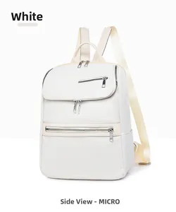 Close-up of side view of white water-resistant nylon backpack with multiple zipper pockets