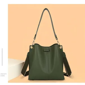 Women Large Capacity PU Leather Bucket Bag Fashion Wide Strap Crossbody Bag Vintage Urban Shoulder Tote Handbag