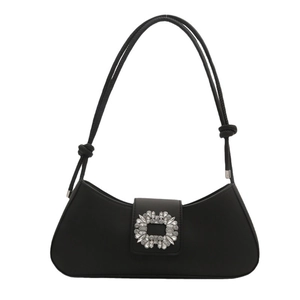 Classic black underarm bag with sparkling rhinestone buckle and thin shoulder strap