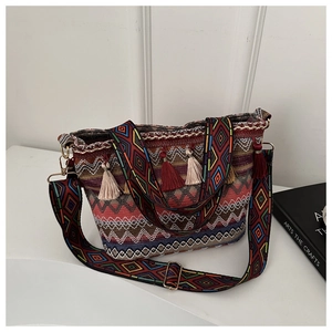 Detail of woven straw bucket bag with colorful geometric patterns and decorative tassels