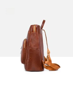 Side view of brown vintage faux leather backpack with textured finish and side pockets