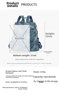 Detailed blue PU leather anti-theft backpack specs with dimensions and A4 size comparison