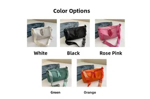 Detail of trendy nylon bags in five colors with thick plastic chains and wide straps