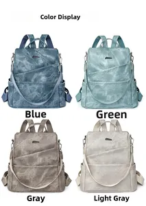 Color display of stylish soft leather backpacks in blue, green, dark grey, and light grey