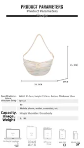 Vue détaillée du sac bandoulière crème avec dimensions 33,5x15,5x10cm et détails de légèreté