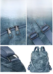 Detailed views of blue denim texture backpack showing gunmetal hardware and dual zippers