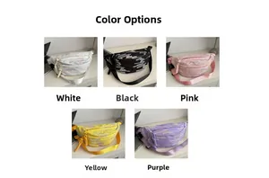 Détail montrant cinq sacs bandoulière décontractés en blanc, noir, rose, jaune et violet