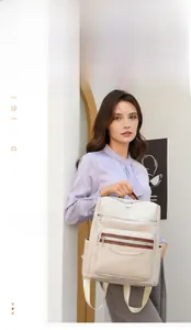 Detail of cream PU leather backpack with multi-layer zipper pockets and fabric straps
