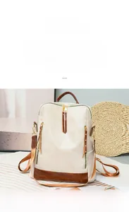 Close-up of vintage PU leather backpack featuring brown stitching and metal rivet details