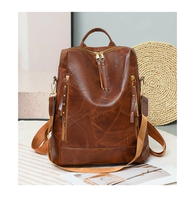 Detailed view of vintage PU leather backpack with geometric texture and gold hardware