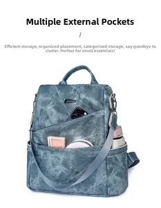 Detailed view of blue soft leather backpack with multiple external utility pockets and zippers