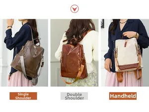 Detailed views of vintage PU leather backpack in three colors and various carrying styles
