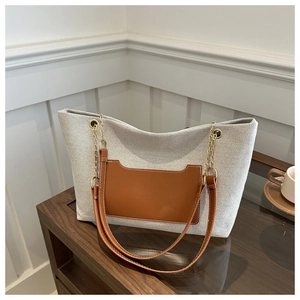Detailaufnahme der großen Nylontasche mit brauner Ledertasche und goldener Kette