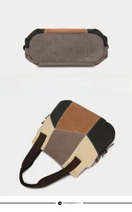 Vues détaillées haut et bas du sac cabas en toile avec panneaux patchwork multicolores