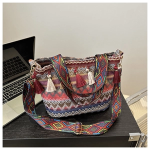 Close-up of bohemian bucket bag featuring ethnic geometric patterns and colorful tassels