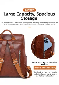 Detail of vintage PU leather backpack featuring a secure back anti-theft zipper pocket