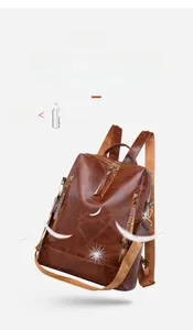 Detail of vintage brown PU leather backpack featuring leaf texture and lightweight 0.43kg design