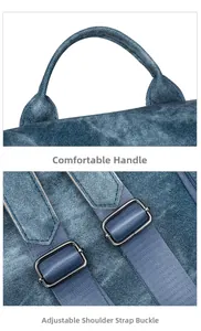 Detail of soft denim backpack featuring a comfortable handle and adjustable metal buckles