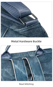 Detail of dark blue denim backpack featuring metal square buckles and neat stitching