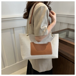 Detail einer Canvas-Tasche mit brauner Ledertasche und goldener Kettenschulterriemen