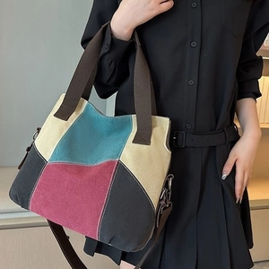 Sac Fourre-tout en Toile Vintage pour Femmes Patchwork de Couleurs Grande Capacité Sac à Épaule Minimaliste Urbain