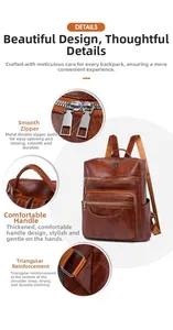 Detail of vintage brown PU leather backpack with sturdy zippers and reinforced stitching