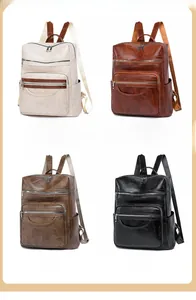 Detailed grid showing four PU leather backpacks in white, brown, coffee, and black colors