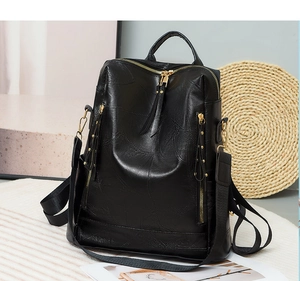 Detail of cross-stitch pattern on black PU leather backpack with gold zippers