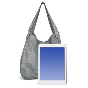 Detail view of large gray tote bag capacity showing tablet storage space and texture