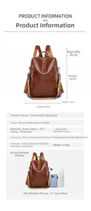 Detailed size chart of vintage brown PU leather backpack with multi-pocket layout