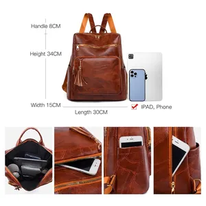 Vintage brown leather backpack for women with large capacity and multi-pocket storage