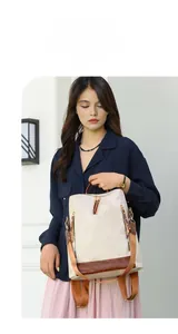 Women's vintage beige PU leather backpack shown on shoulder for daily commute use