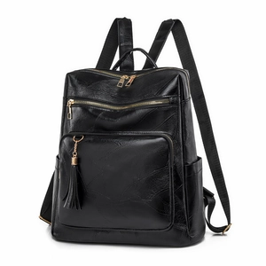 Large capacity vintage black leather backpack with geometric stitching and gold hardware