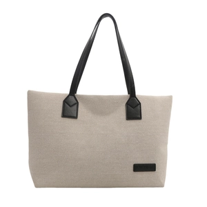Large capacity beige textured tote bag with black leather straps for commute and travel