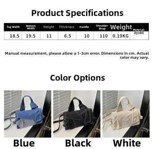 Detailed size chart and dimensions for the mini denim tote bag with patchwork design