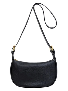 Minimalist black lychee leather crescent shoulder bag with golden metal hardware