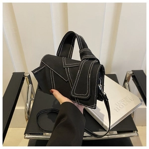 Women Fashion Denim Shoulder Tote Bag Contrast Color Stitching Flap Top Handle Crossbody Purse For Casual Daily
