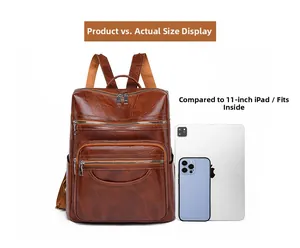 Brown vintage PU leather backpack showing size comparison with an 11-inch iPad tablet