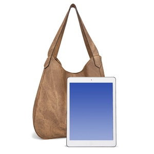 Brown vintage hobo tote bag shown next to a tablet to demonstrate large capacity size