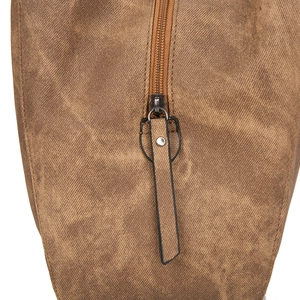 Detailed close-up of metal zipper and stitching on the vintage brown tote bag
