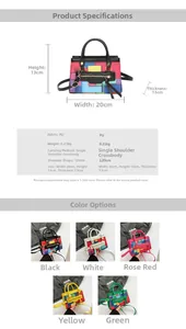 Size chart and specifications for colorblock PU crossbody bag with dimensions details