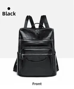Front view of black PU leather backpack with multiple zipper pockets and sleek patchwork design