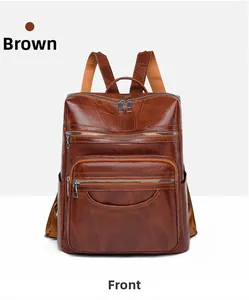 Detailed front view of brown vintage PU leather backpack with plant pattern and multiple zippers