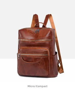 Side view of vintage brown PU leather backpack with textured leaf pattern and multiple pockets