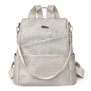 Fashionable grey soft leather backpack for women with vintage texture and flap design
